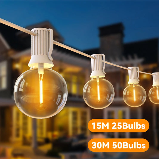 String lights with bulbs on a blurred cityscape background